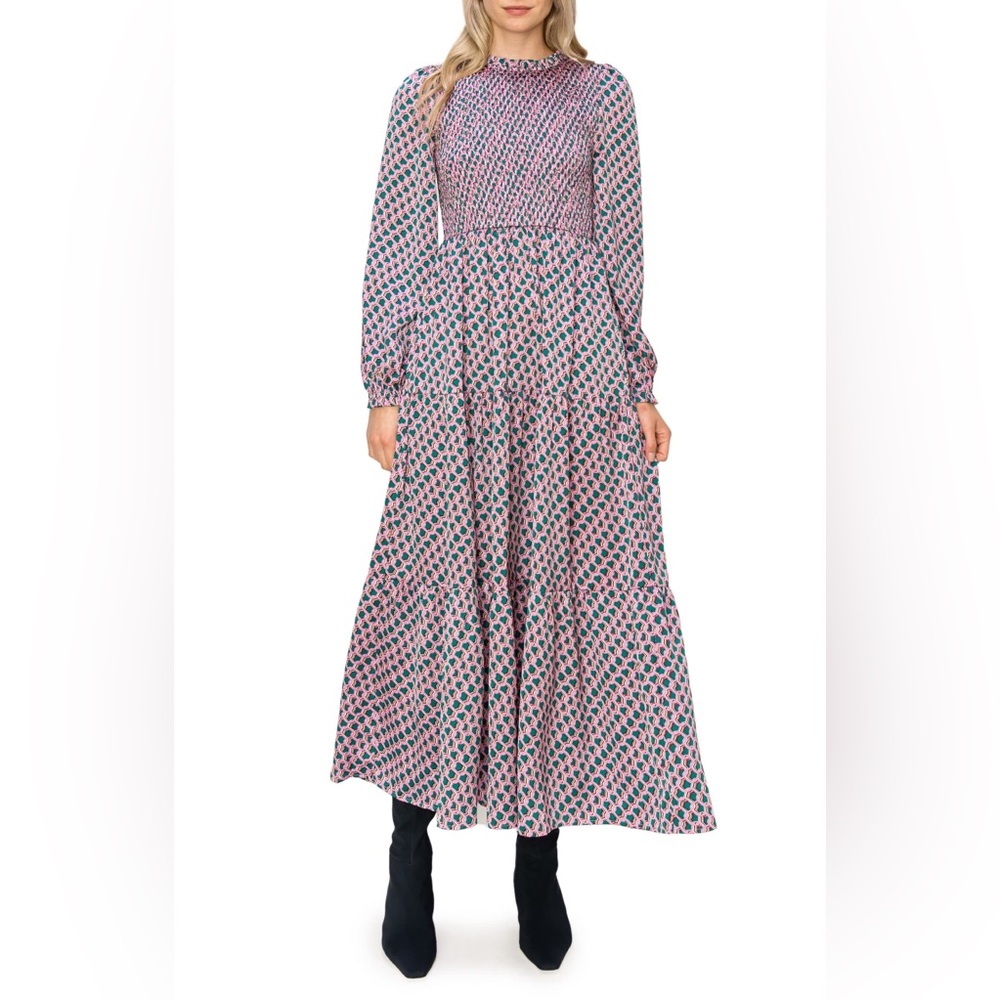 MELLODAY Pink & Green Geometric Smocked Midi Dress